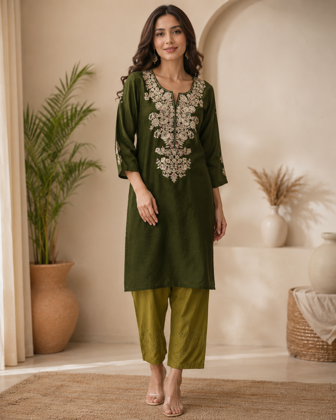 Olive Green Cotton Silk embroidered Salwar Suit with contrast dupatta