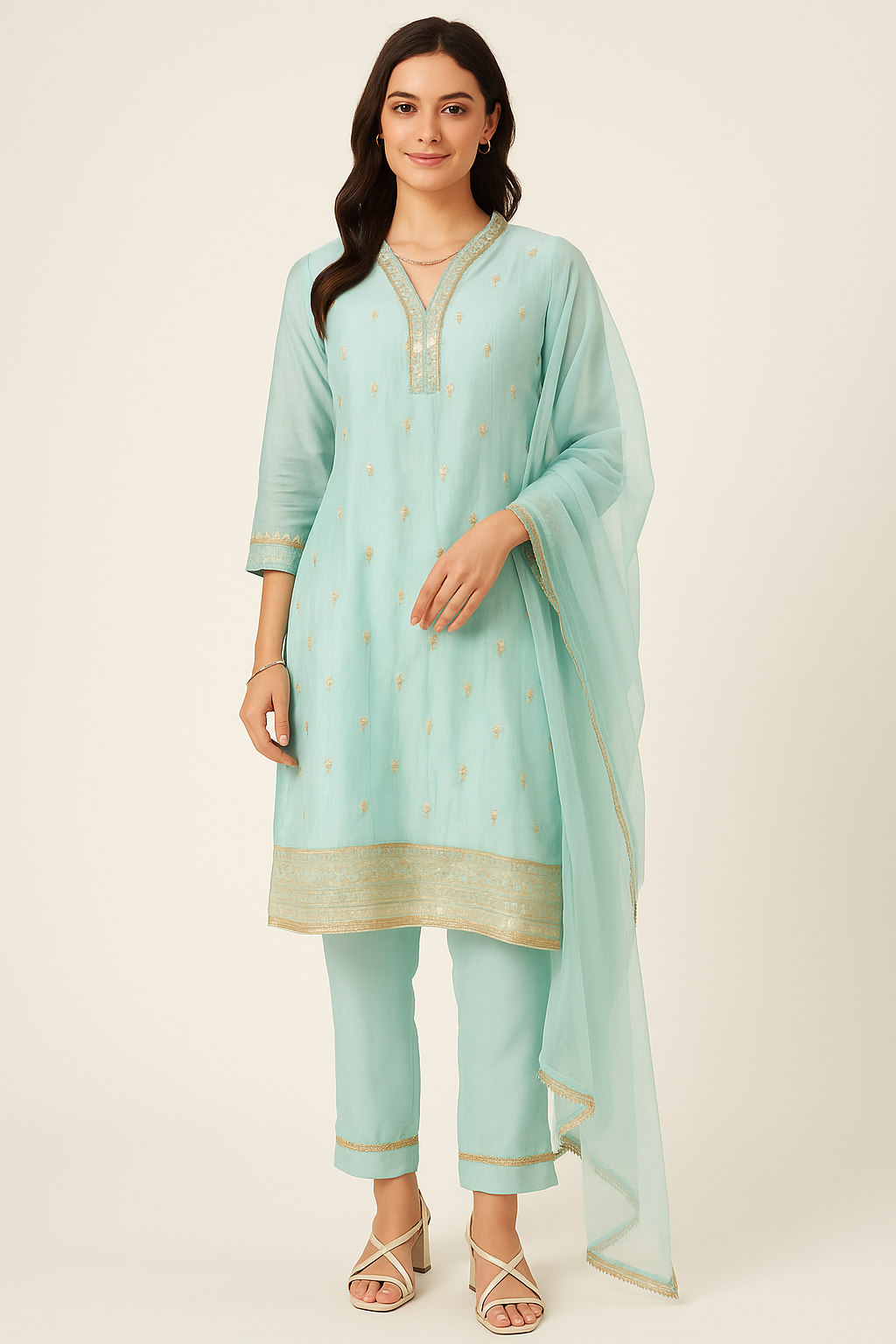 Woman wearing a light blue traditional outfit with a matching dupatta on a white background