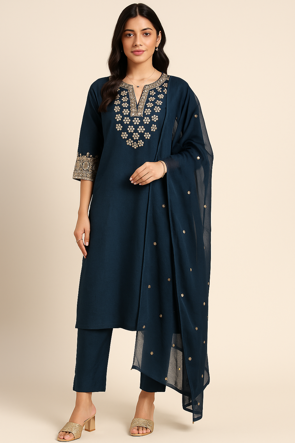 Woman wearing a dark blue traditional outfit with embroidery on a beige background