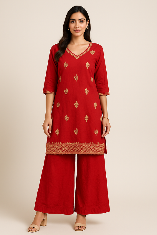 Woman wearing a red traditional outfit with gold patterns on a beige background