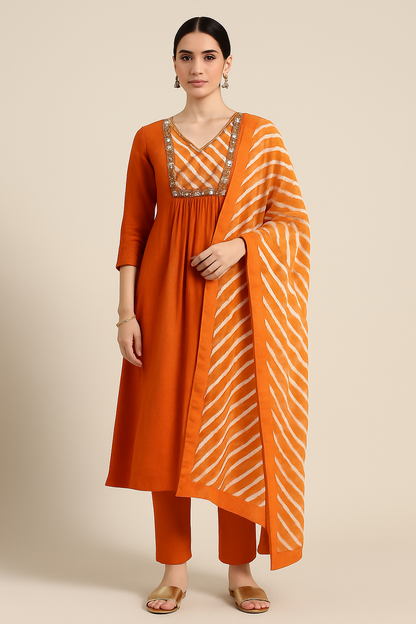 Woman wearing an orange traditional outfit with a matching dupatta on a beige background