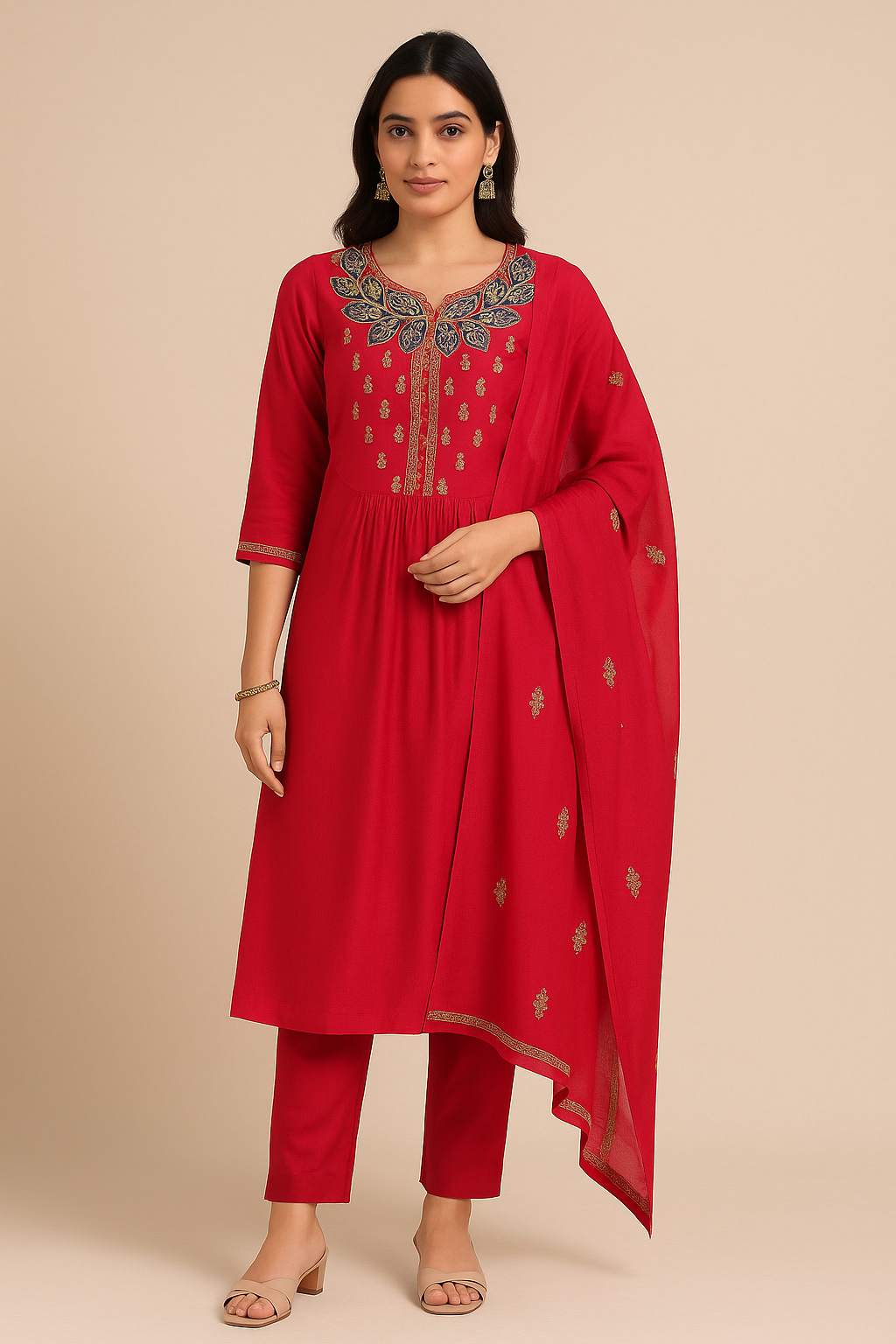Red traditional outfit with intricate embroidery on a beige background