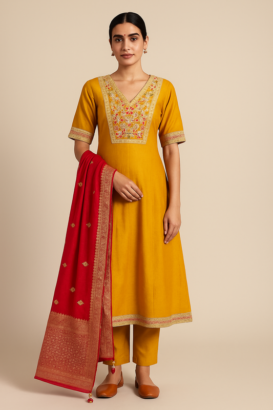 Woman wearing a yellow embroidered kurta with a red dupatta on a beige background
