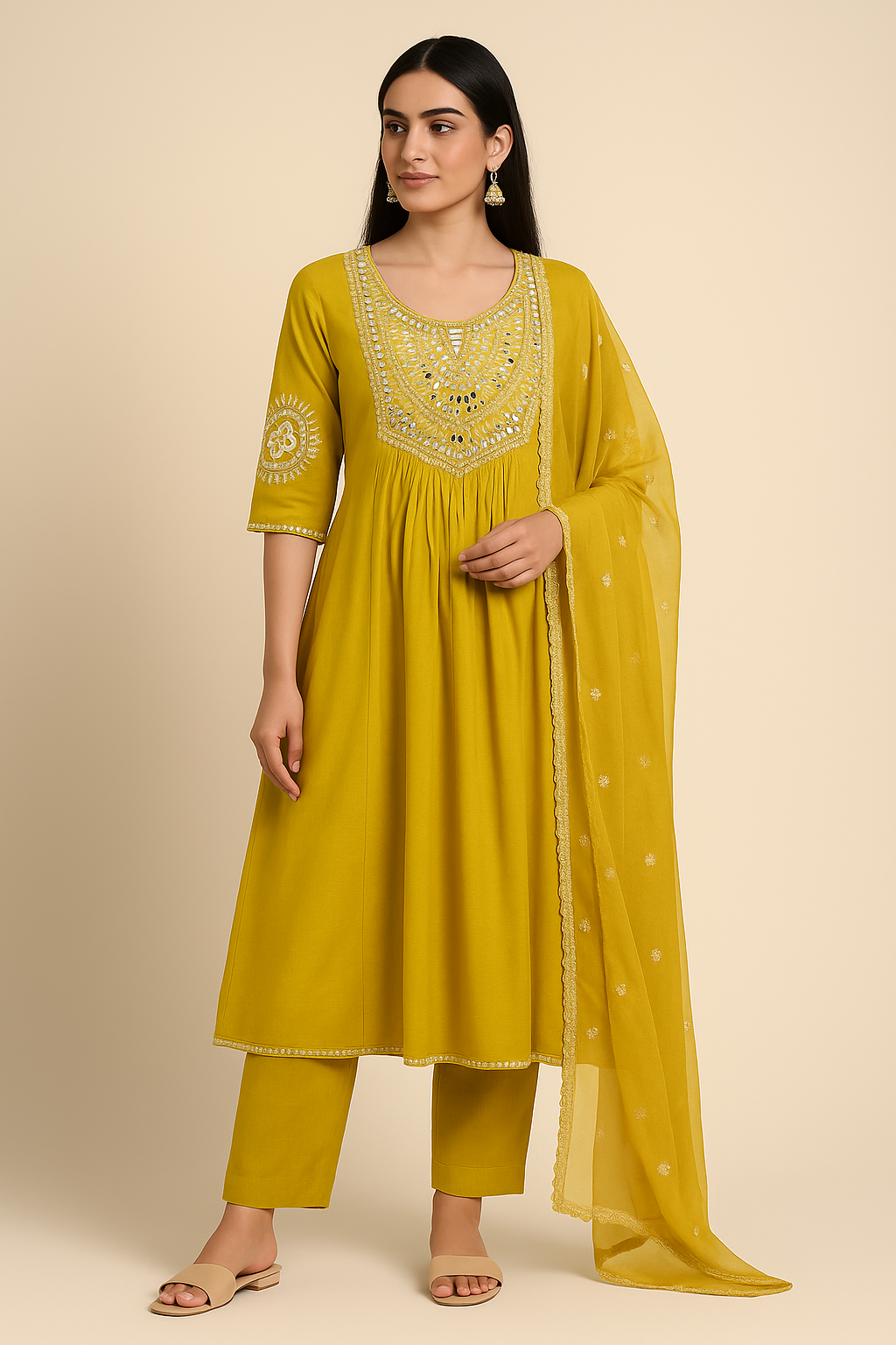 Woman wearing a yellow traditional outfit with a dupatta on a beige background