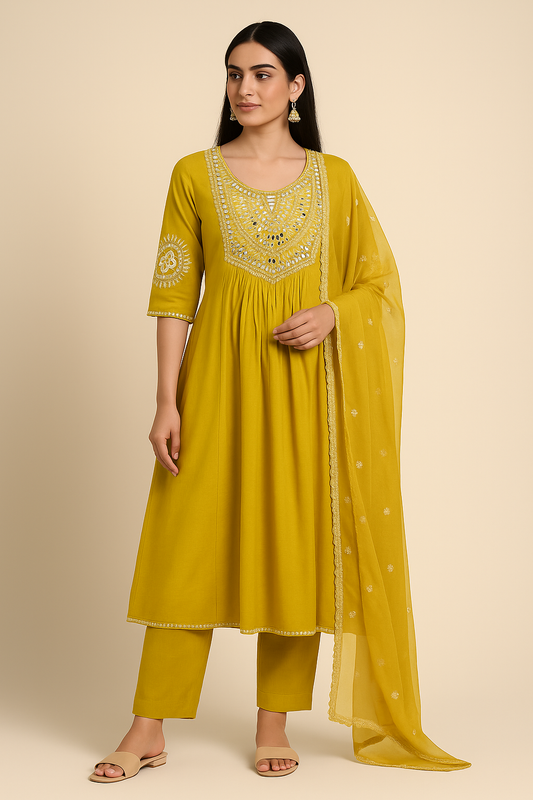 Woman wearing a yellow traditional outfit with a dupatta on a beige background