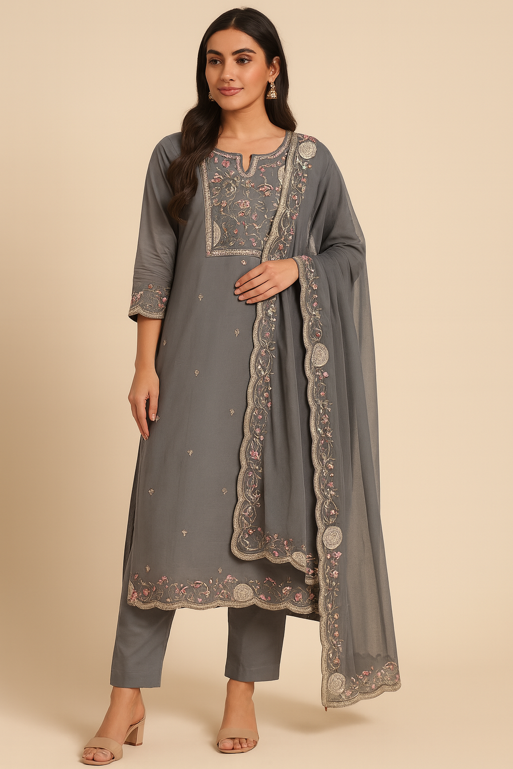 Woman wearing a gray embroidered outfit with a matching dupatta on a beige background