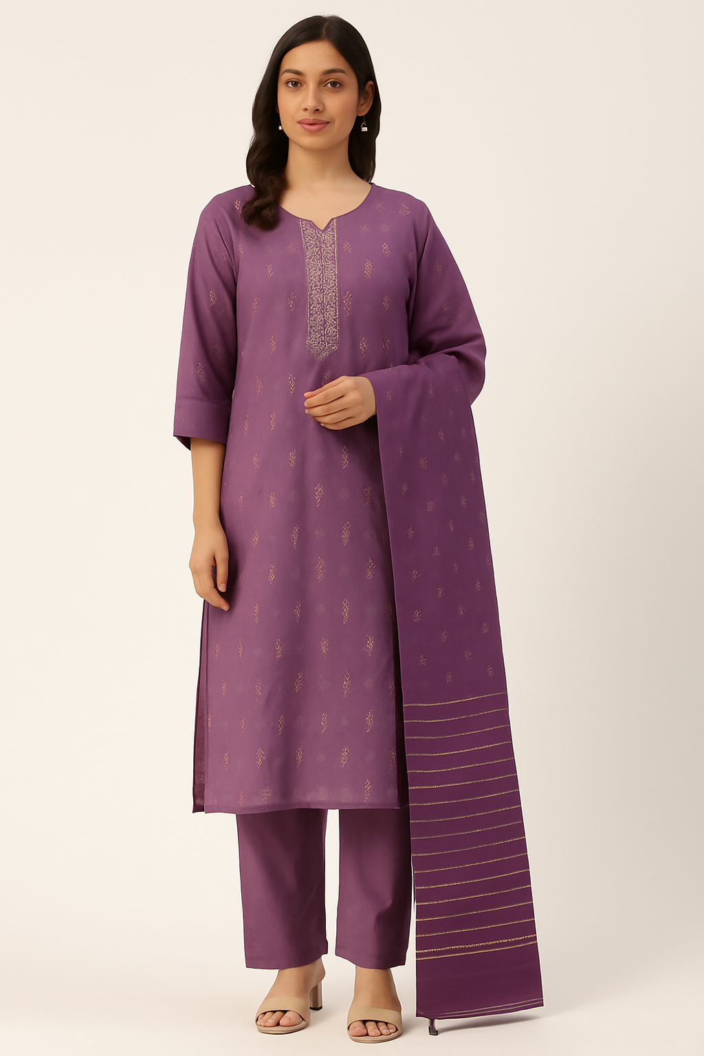 Woman wearing a purple traditional outfit with a plain background