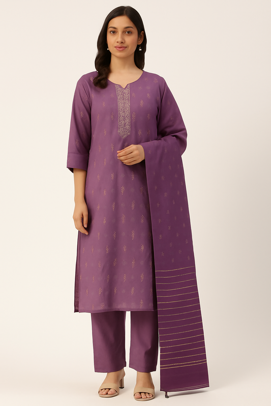 Woman wearing a purple traditional outfit with a plain background