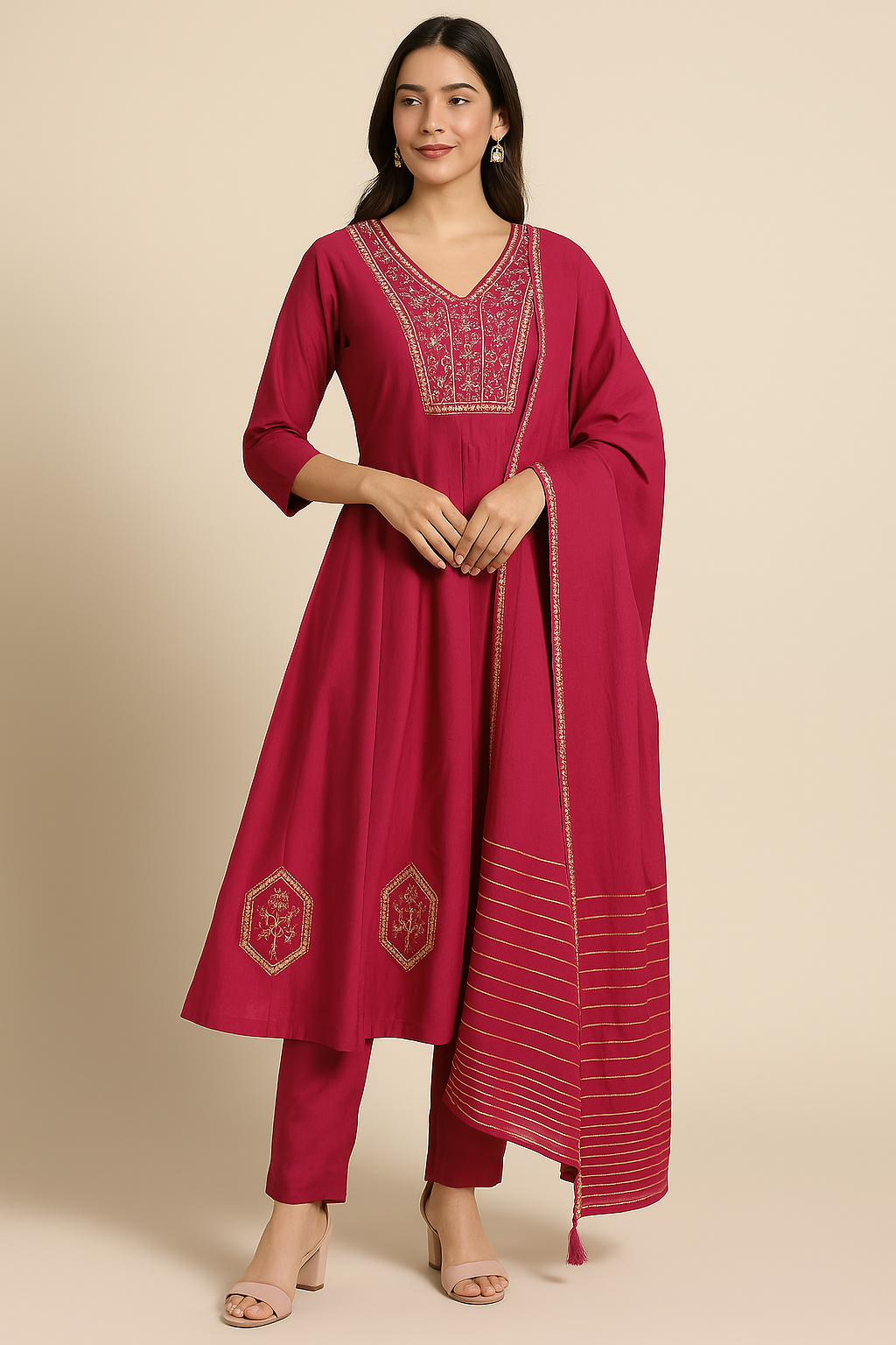 Woman wearing a maroon embroidered traditional outfit on a beige background