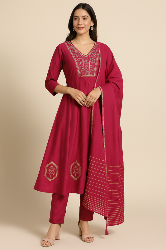 Woman wearing a maroon embroidered traditional outfit on a beige background