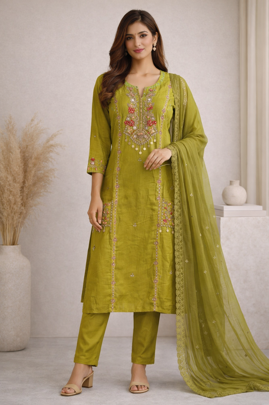 Woman wearing a green embroidered traditional outfit with a plain background