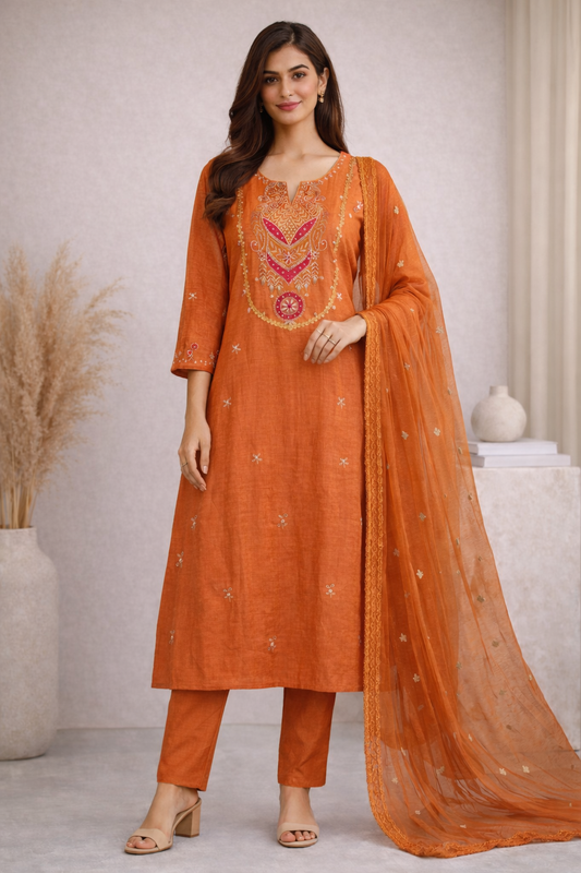 Woman wearing an orange embroidered outfit with a matching dupatta in a neutral setting.