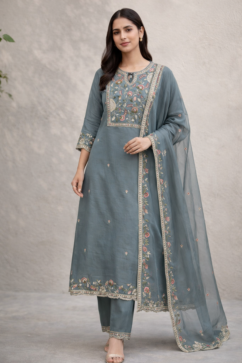 Woman wearing a blue embroidered traditional outfit with a plain background