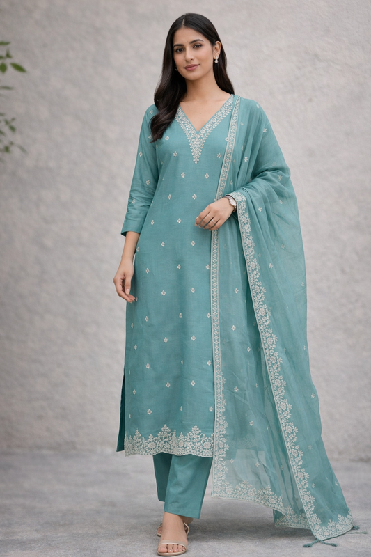 Woman wearing a teal traditional outfit with a matching dupatta against a gray background