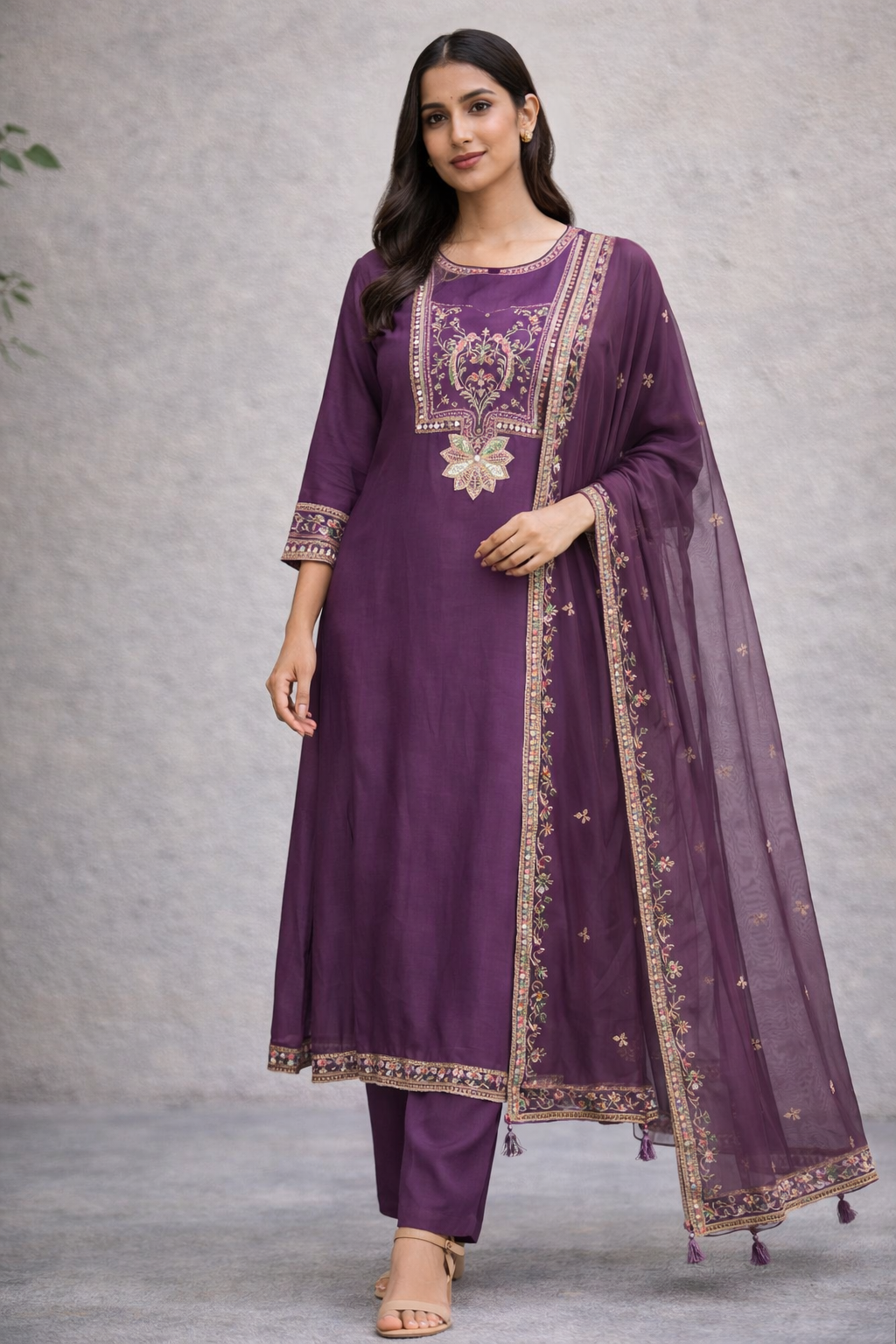 Woman wearing a purple traditional outfit with gold embroidery on a gray background