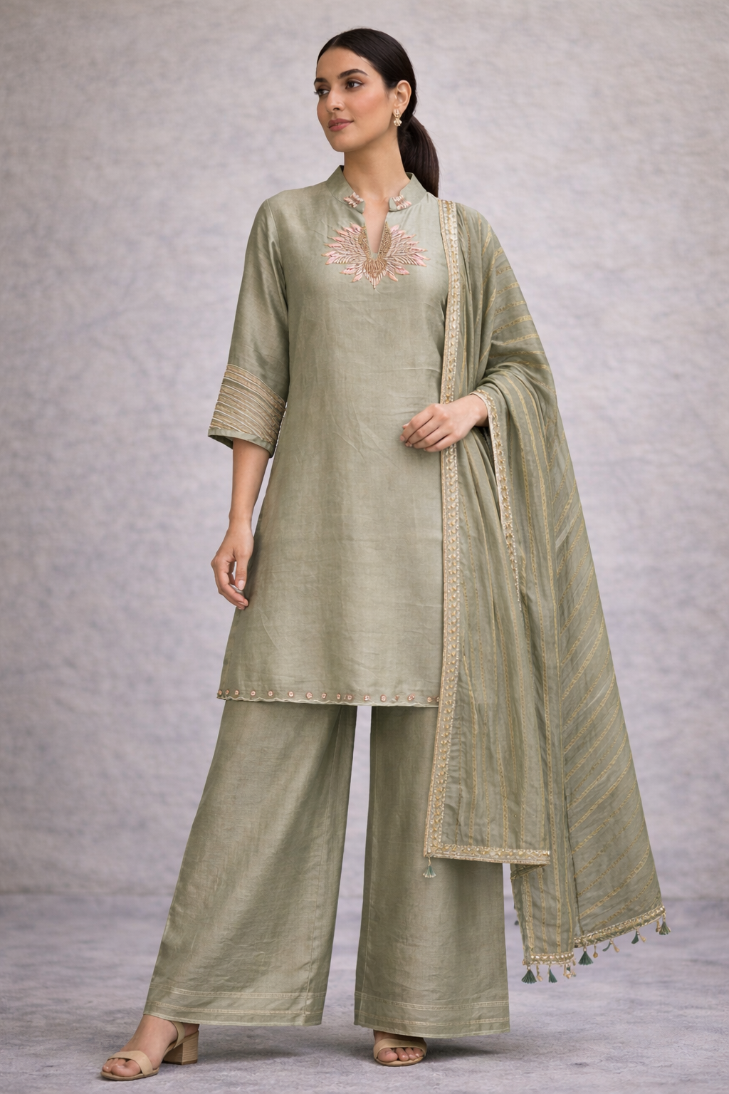 Woman wearing a traditional olive green outfit with a matching dupatta against a plain background