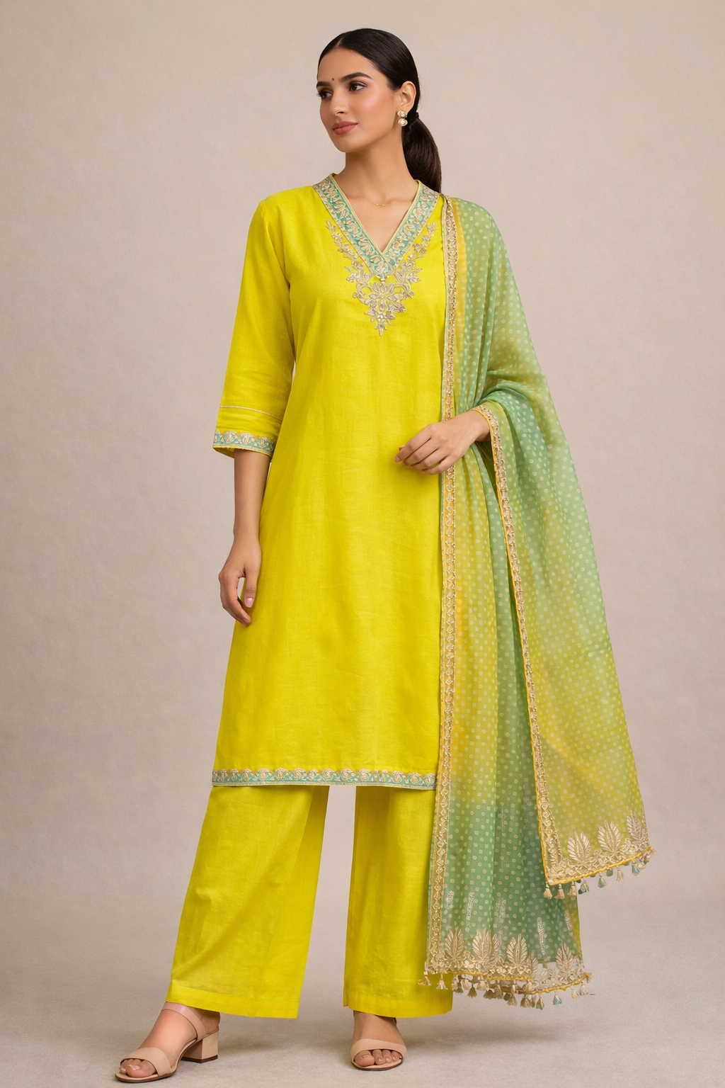 Woman wearing a yellow traditional outfit with a green dupatta on a beige background