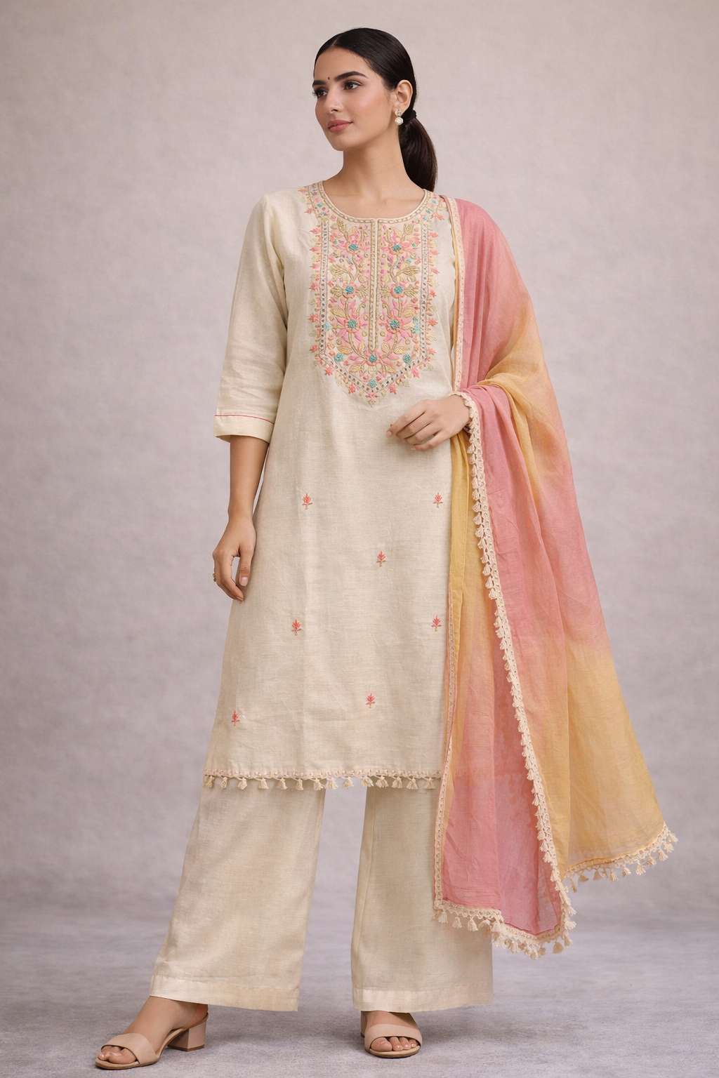 Woman wearing a traditional outfit with a beige kurta, palazzo pants, and a pink and yellow dupatta on a gray background.
