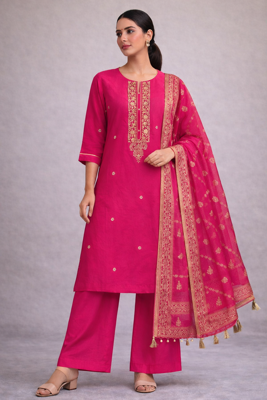 Woman wearing a pink traditional outfit with gold embroidery on a gray background