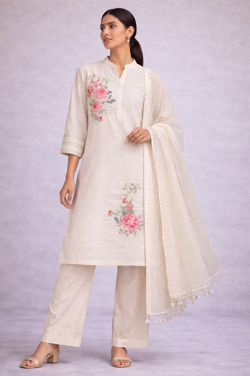 Woman wearing a white embroidered outfit with a matching dupatta on a light gray background