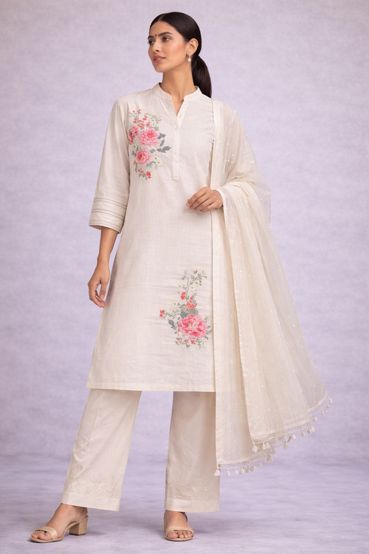 Woman wearing a white embroidered outfit with a matching dupatta on a light gray background