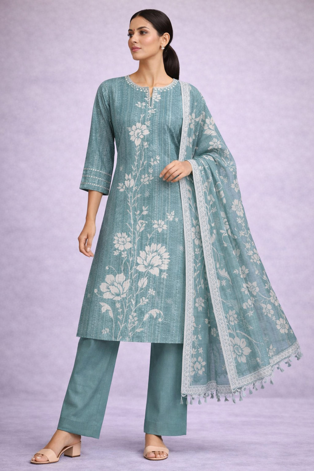 Woman wearing a teal embroidered outfit with a matching dupatta on a light purple background
