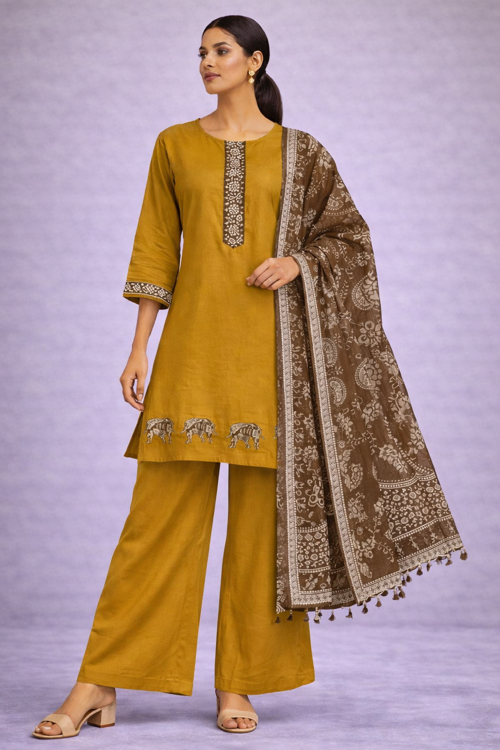 Woman wearing a mustard yellow traditional outfit with a brown patterned dupatta on a light purple background