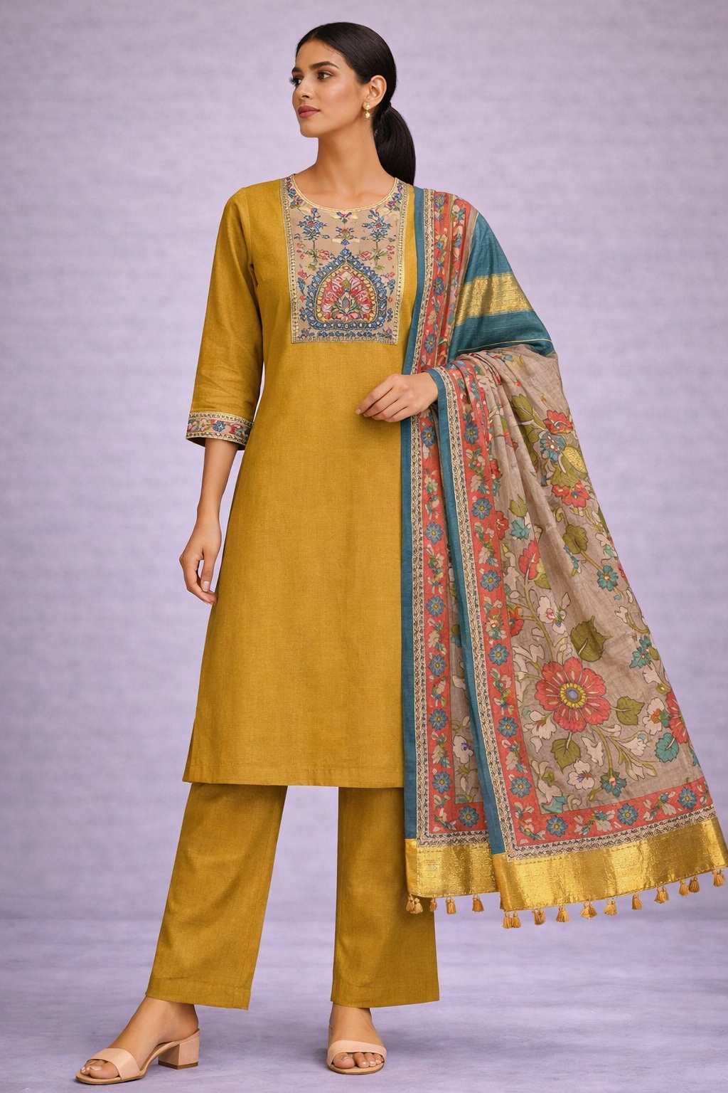 Woman wearing a mustard yellow traditional outfit with a colorful dupatta on a light purple background