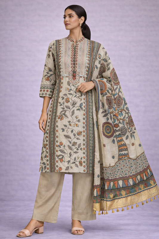 Woman wearing a traditional outfit with a patterned dupatta against a light purple background