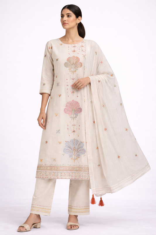 Woman wearing a cream embroidered traditional outfit with a white background