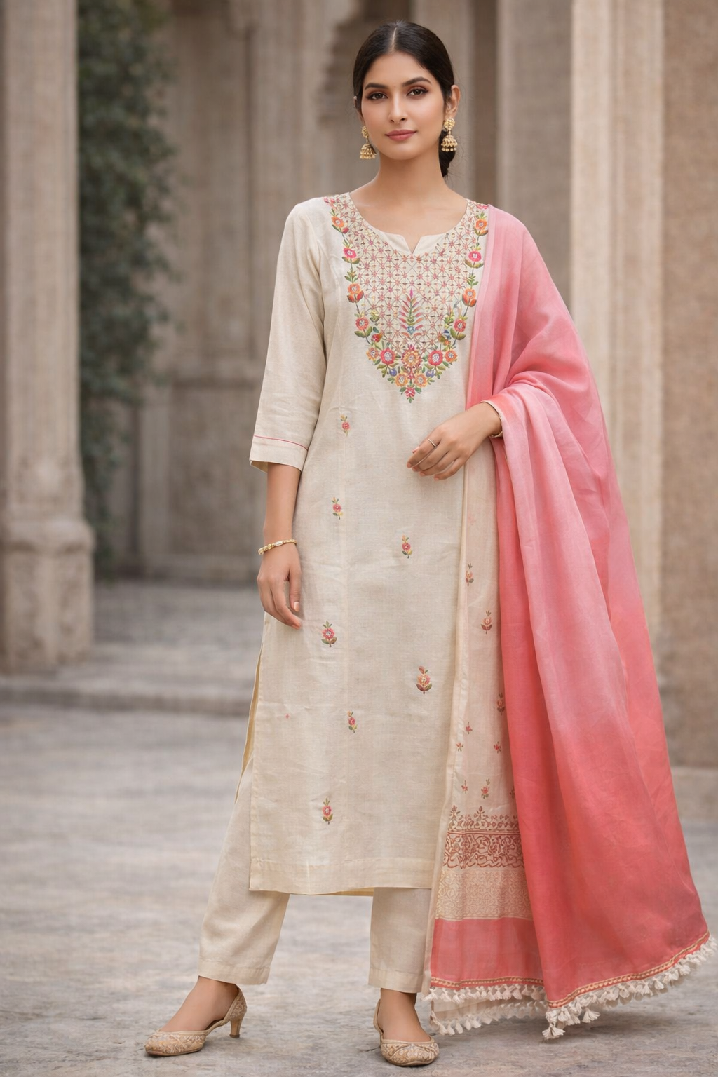 Woman wearing a cream embroidered kurta with a pink dupatta in an outdoor setting
