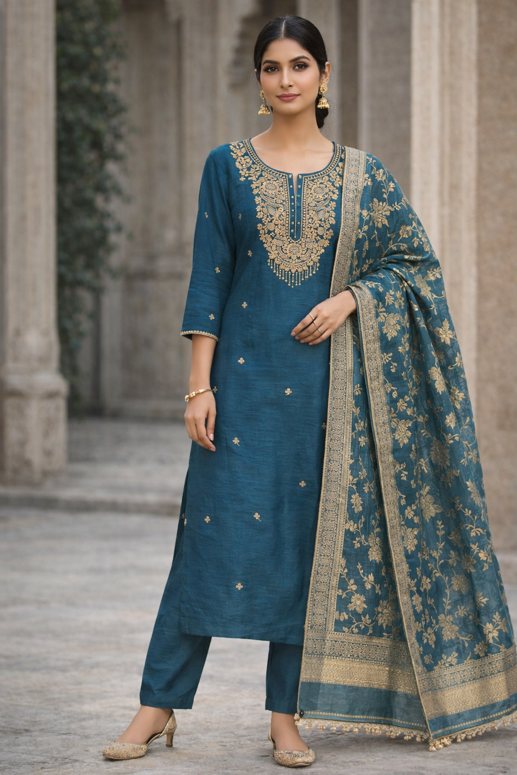 Woman wearing a traditional blue outfit with gold embroidery in an outdoor setting