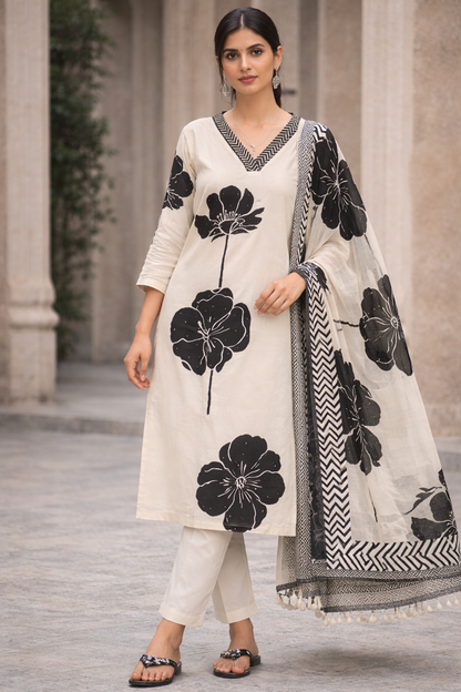 Woman wearing a white outfit with black floral patterns and a matching shawl.