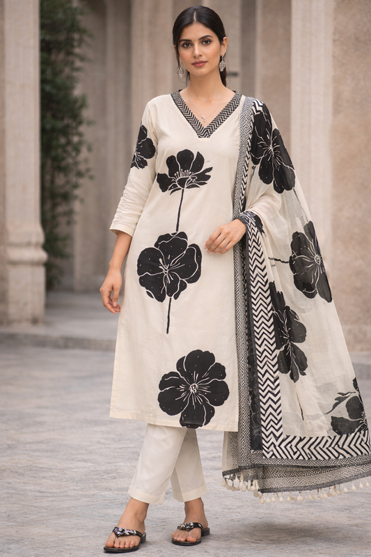 Woman wearing a white outfit with black floral patterns and a matching shawl.