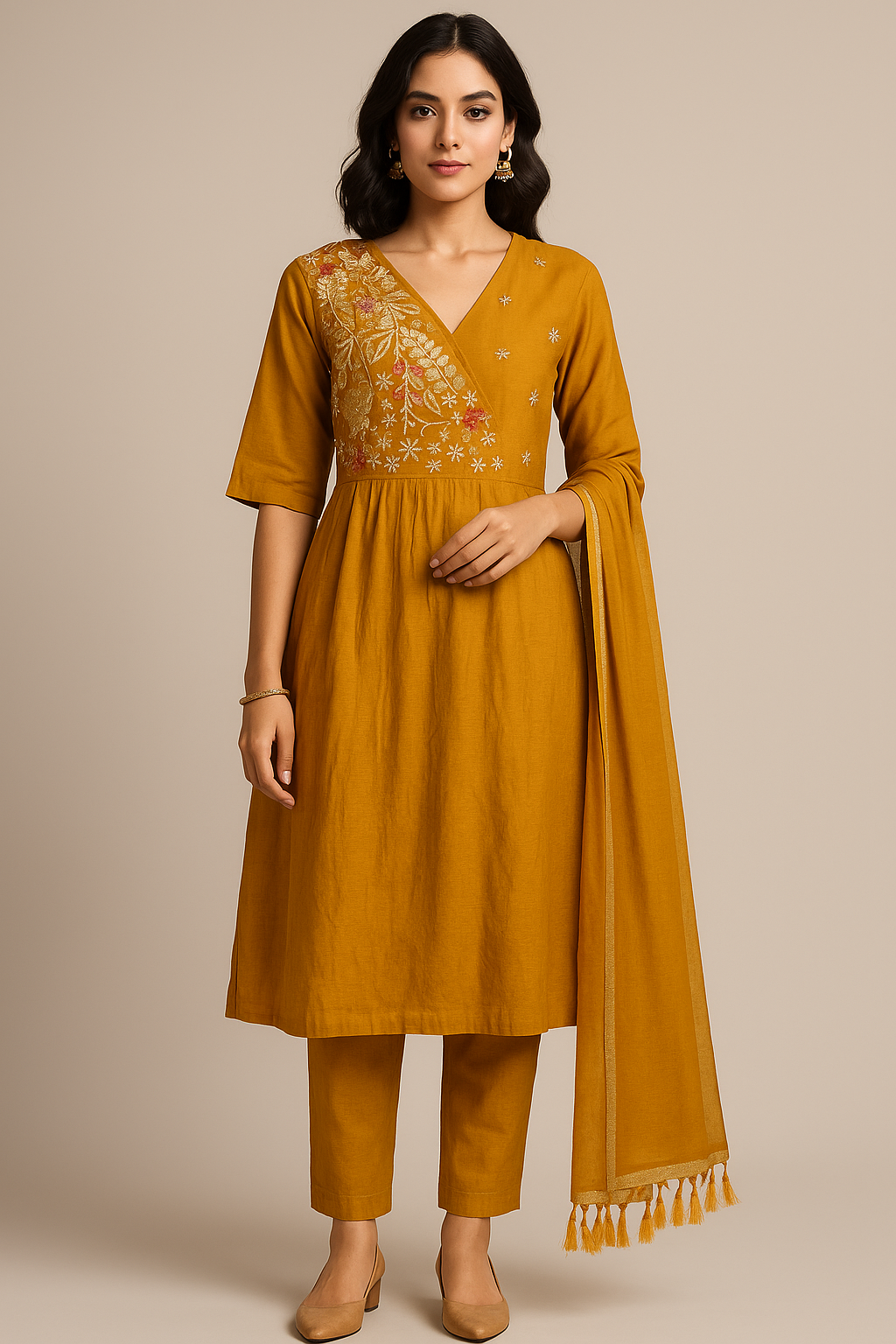 Woman wearing a mustard yellow kurta with embroidery on a beige background