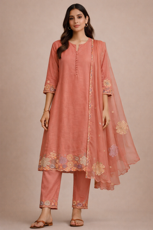 Woman wearing a peach-colored traditional outfit with floral embroidery on a beige background