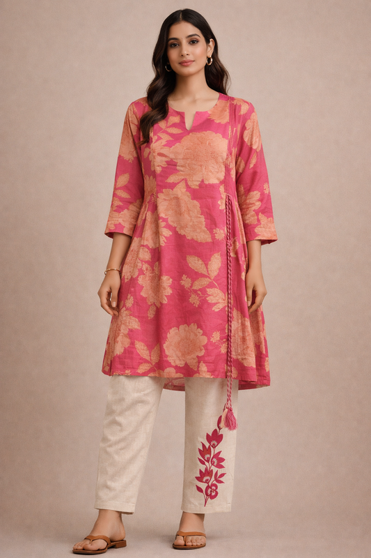 Blush Petal Printed Kurta Set with Embroidered Straight Pants