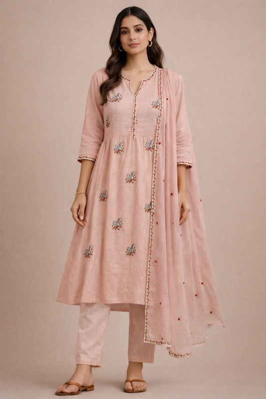 Blush Peach Handcrafted Embroidered Kurta Set with Dupatta