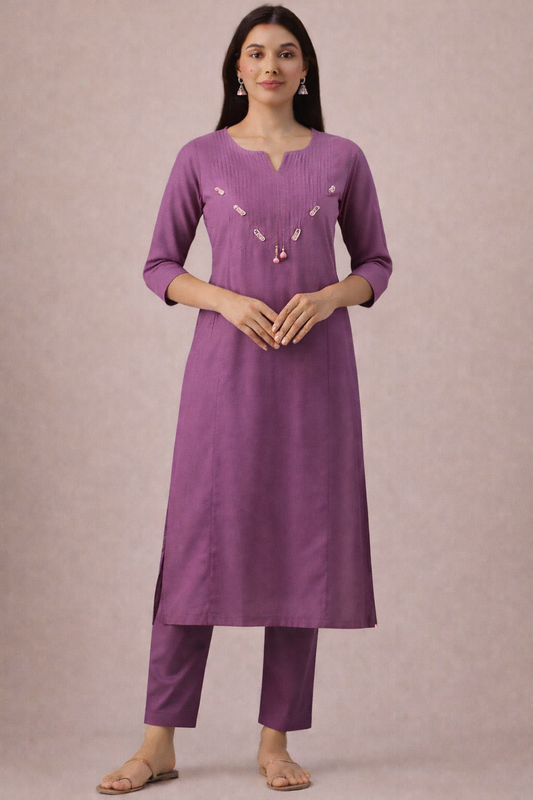 Lavender Plum Solid Kurta Set with Straight Pants