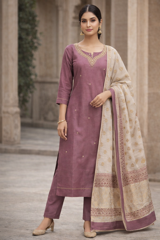 Mauve Aura Embroidered Cotton Blend Salwar Suit Set