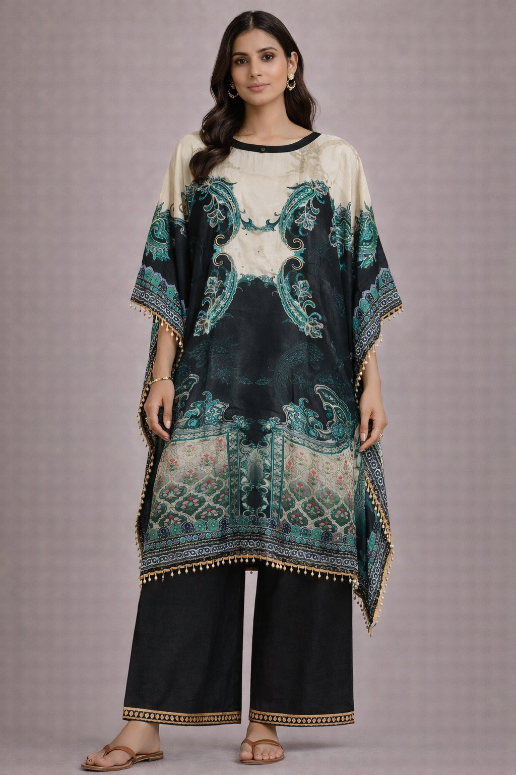 Midnight Teal Printed Kaftan Kurta Set with Gold Border Pants