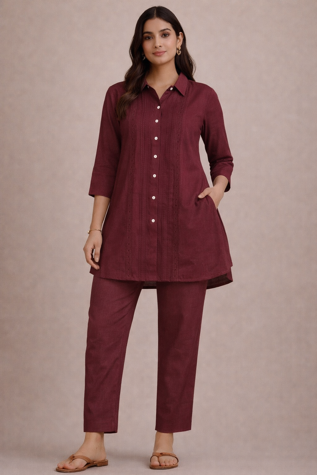 Wine Maroon Pintuck Shirt Style Co-Ord Set