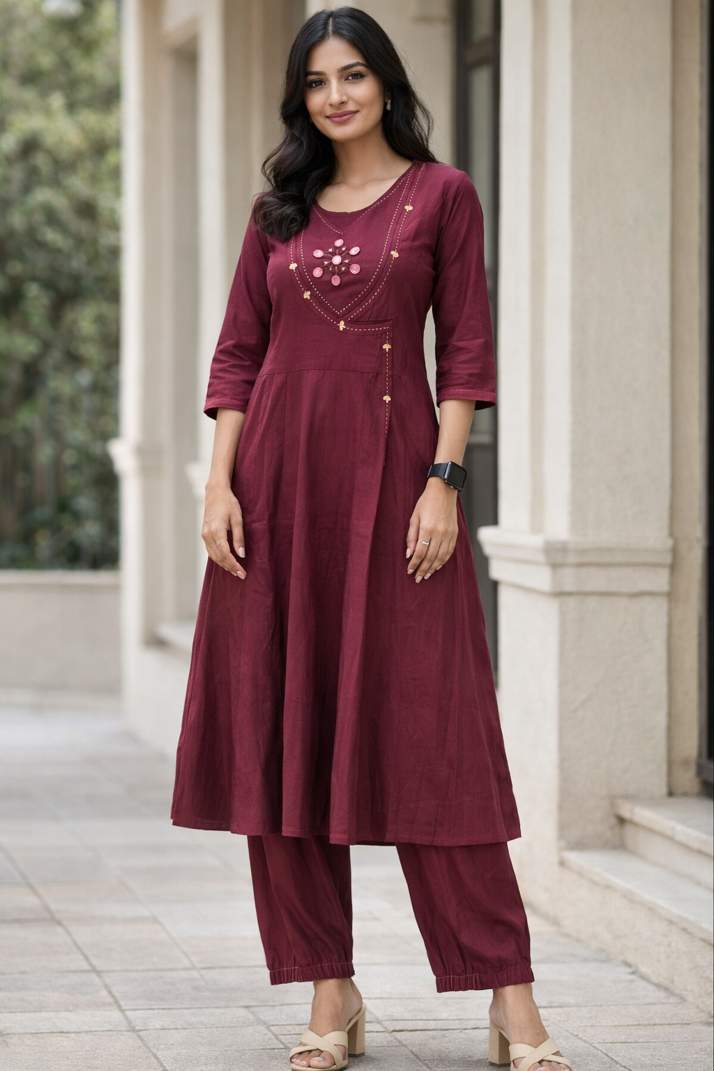 Wine Maroon Mirror Work Anarkali Kurta Set