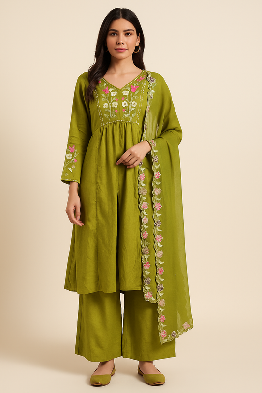Woman wearing a green embroidered outfit on a beige background