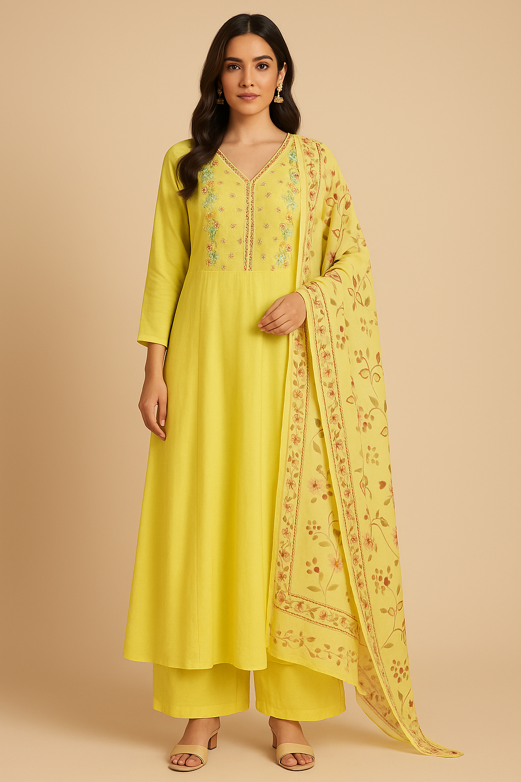 Sunlit Yellow Embroidered Anarkali Suit Set with Printed Dupatta