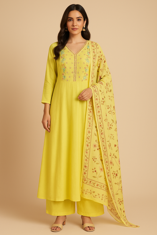 Sunlit Yellow Embroidered Anarkali Suit Set with Printed Dupatta