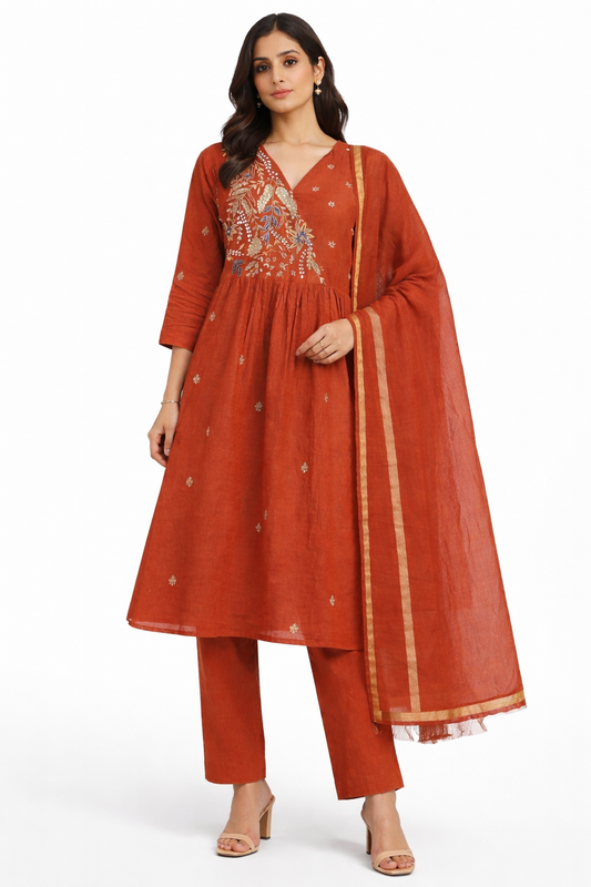 Rust Maroon Embroidered Anarkali Ensemble with Straight Pants