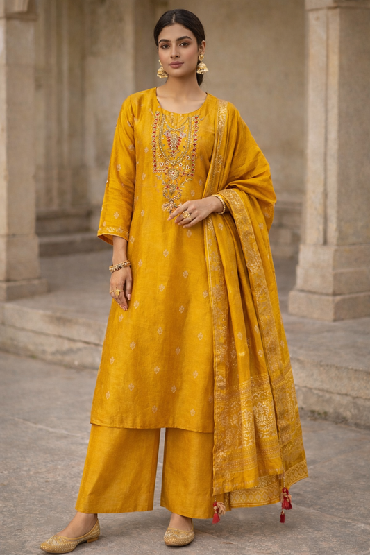 Sunlit Mustard Embroidered Kurta Palazzo Set with Dupatta