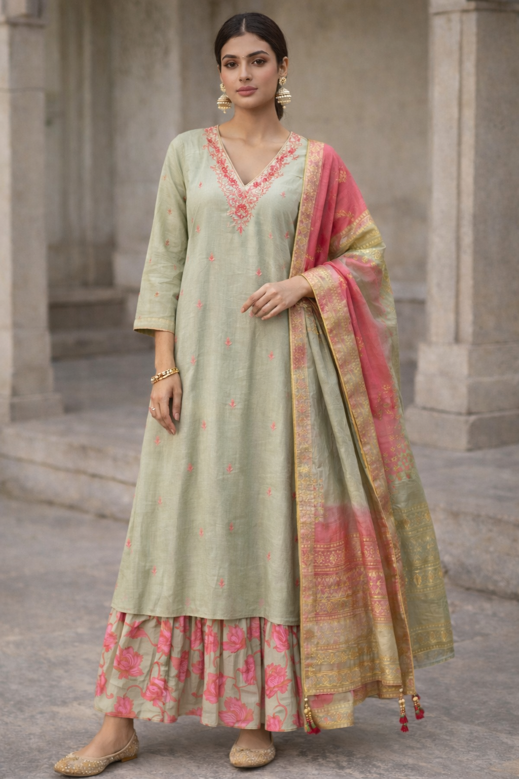 Sage Blush Embroidered Kurta with Tiered Skirt & Dupatta Set
