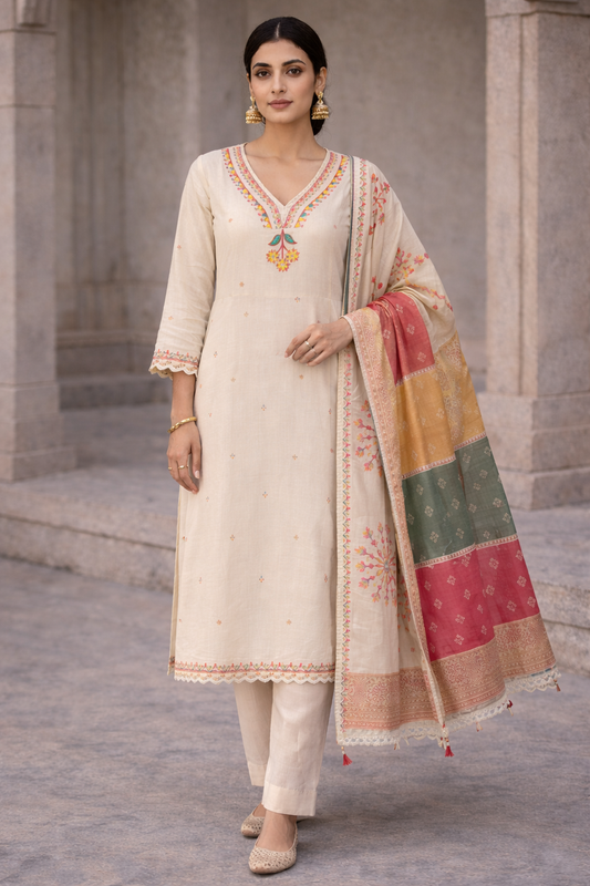 Ivory Garden Embroidered Straight Kurta Set with Dupatta